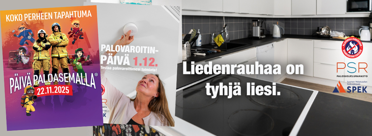 Paloturvallisuusviikon kuva liedest&auml; tekstill&auml; Liedenrauhaa on tyhj&auml; liesi. Lis&auml;ksi Palovaroitinp&auml;iv&auml;n ja P&auml;iv&auml; Paloasemalla mainosjulisteet